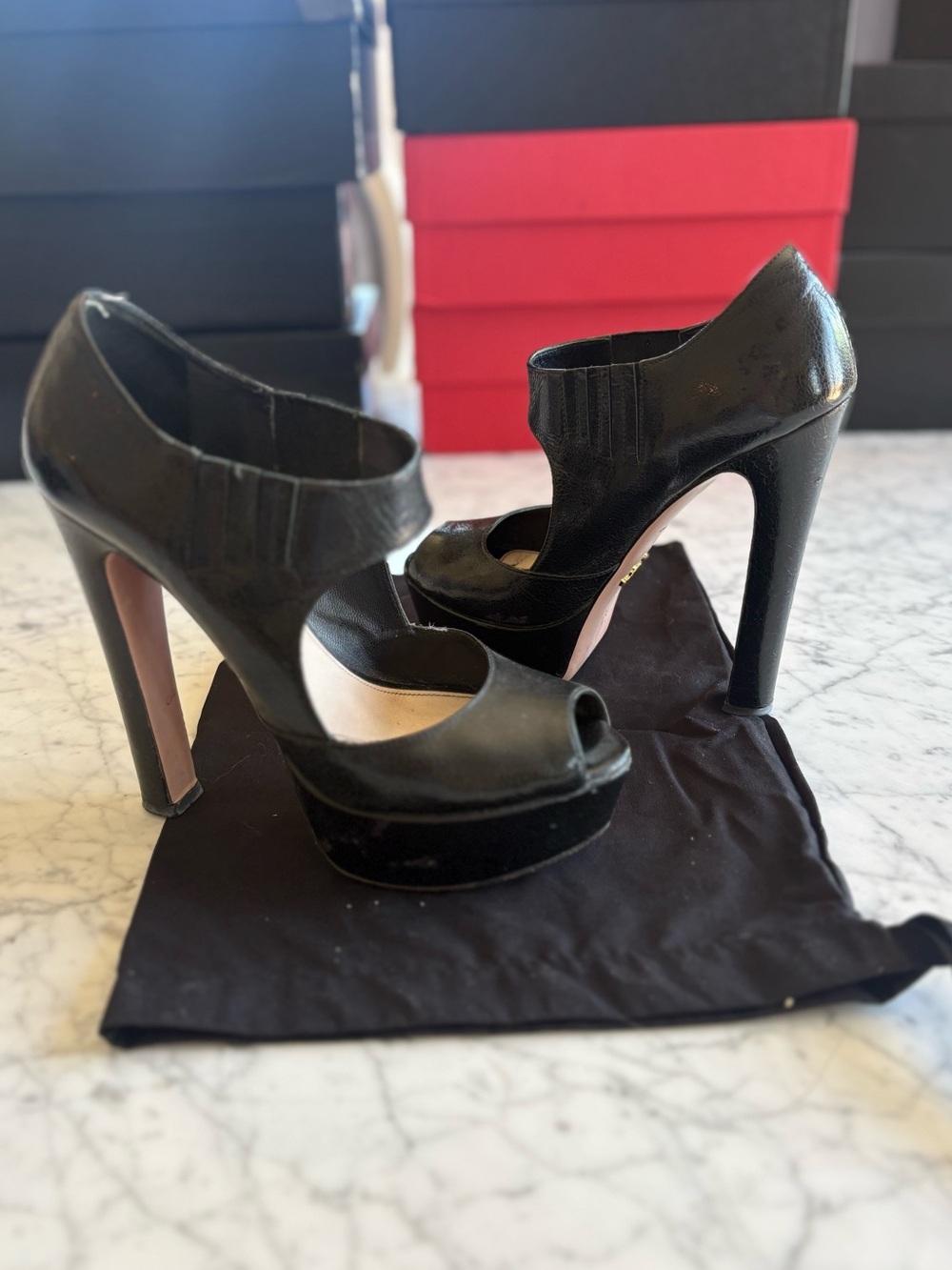 PRADA PEEP TOE PUMPS